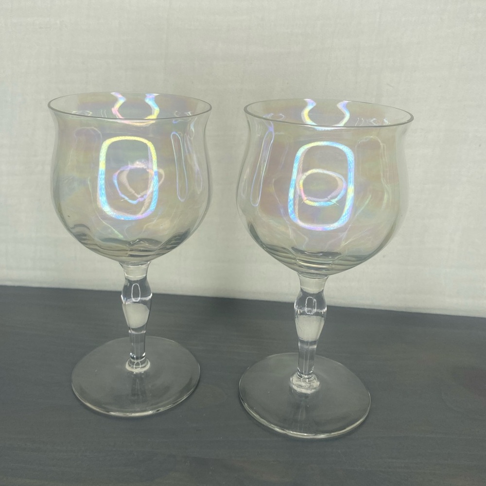 2 Fostoria Crystal iridescent ribbed wine glasses